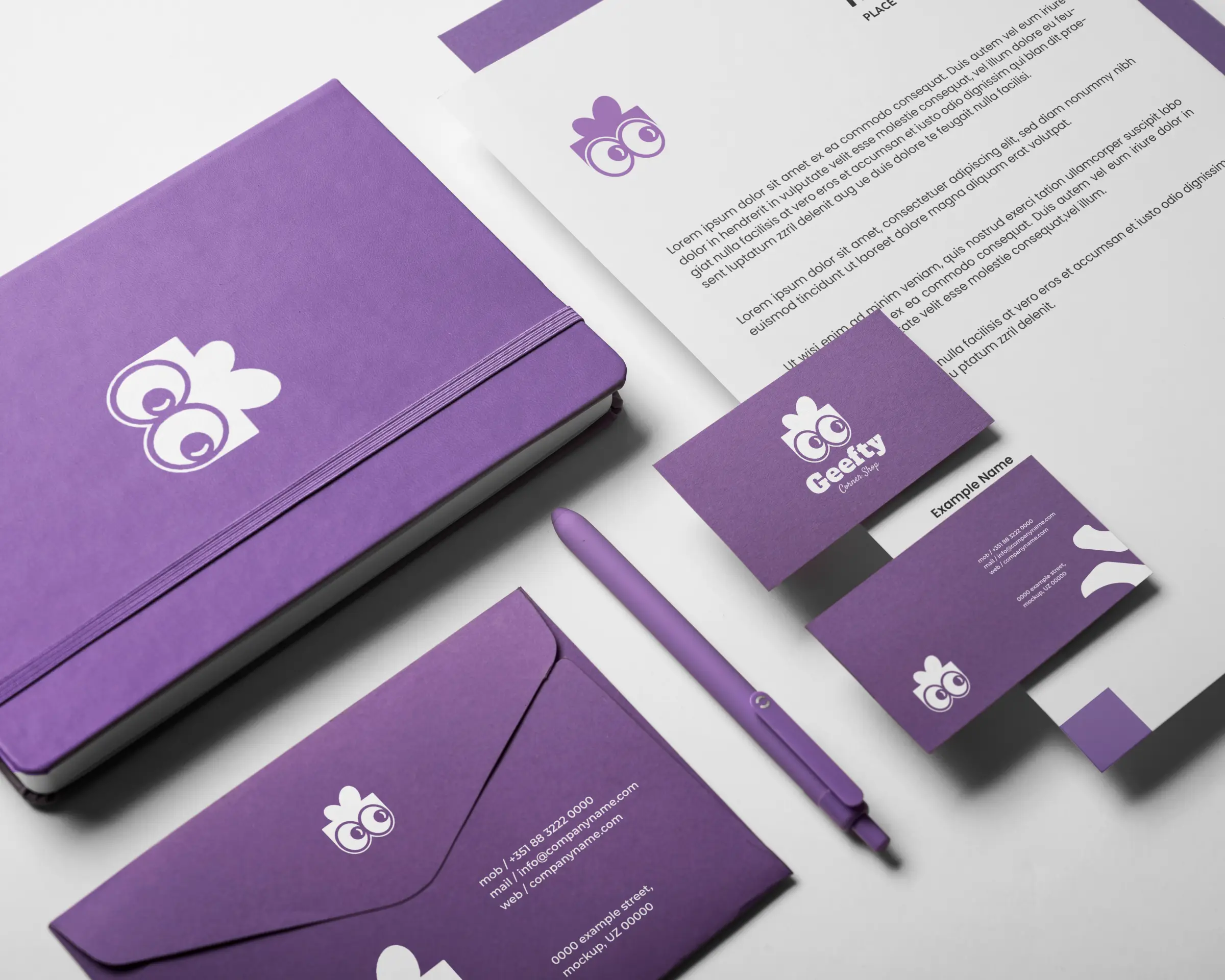Geefty brand identity applied across stationery and packaging