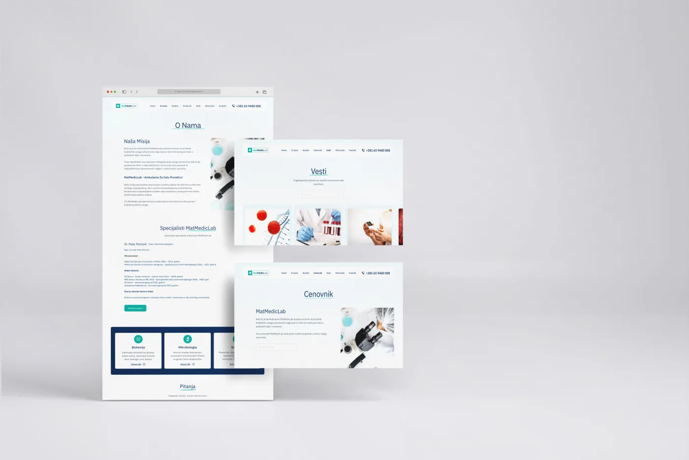 MatMedicLab sajt prikazan kroz tri browser prozora - o nama, vesti i cenovnik
