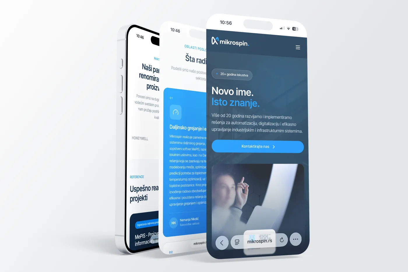 Mikrospin Website auf drei Smartphone-Bildschirmen - Startseite, Lösungen und Partner