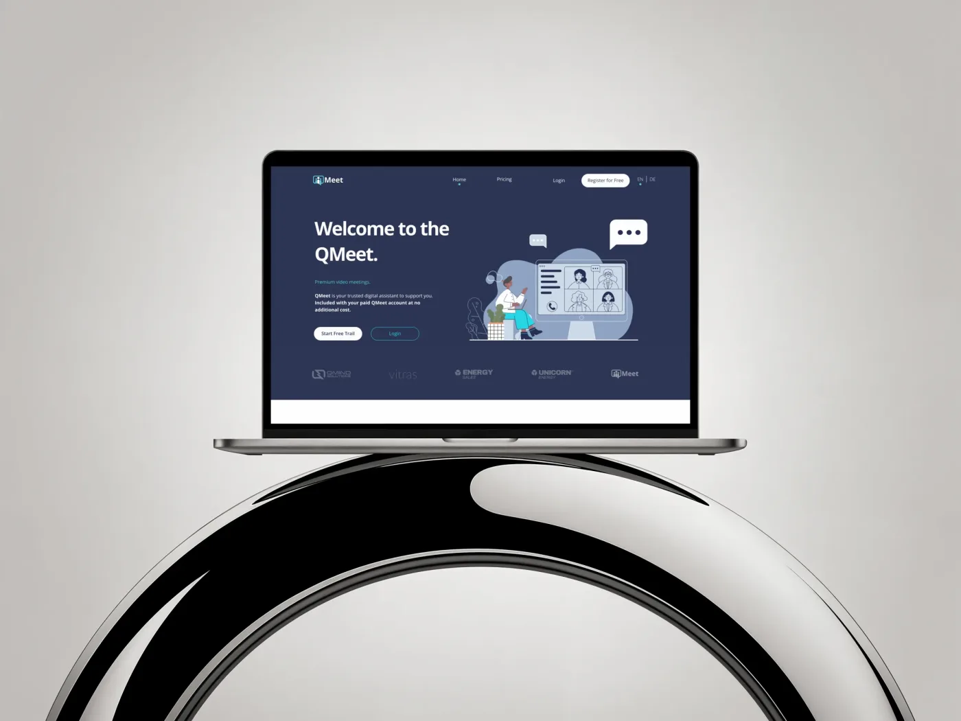 QMeet Marketing-Website-Startseite, Desktop-Ansicht