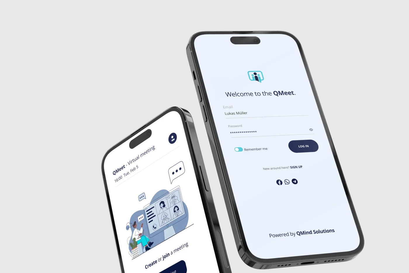 QMeet Produktoberfläche, Terminplaner- und Login-Ansicht auf dem Smartphone