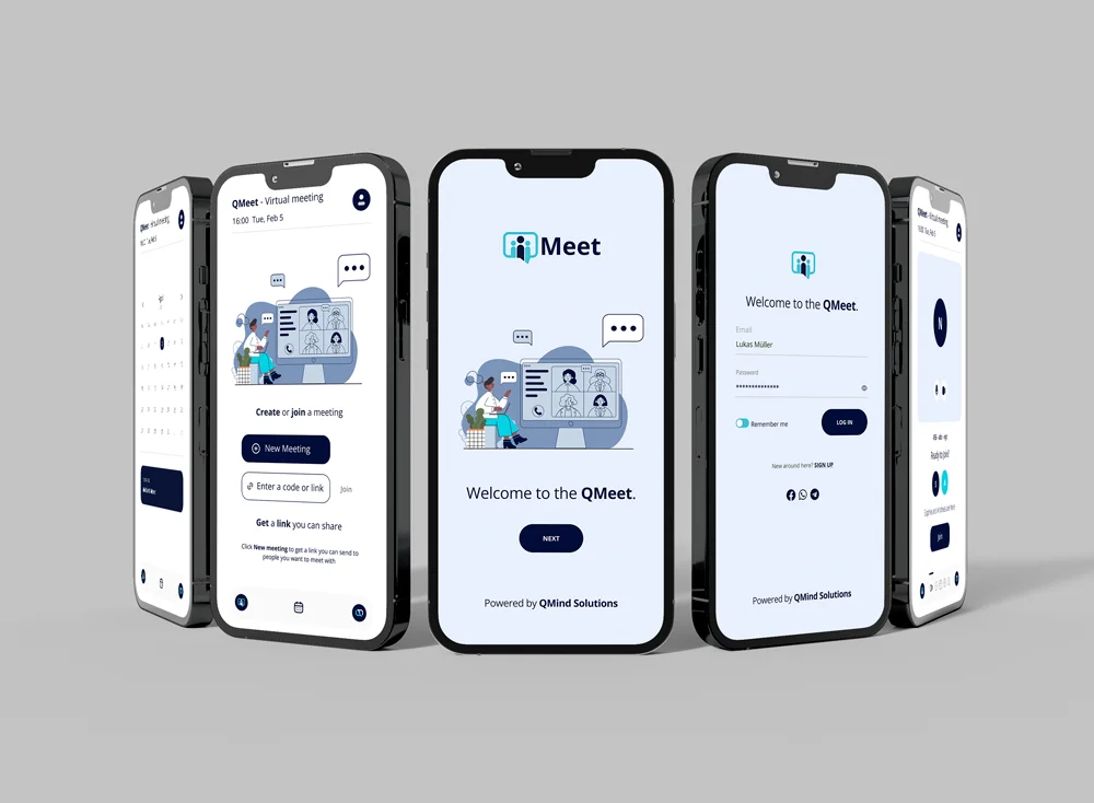QMeet App auf fünf mobilen Bildschirmen - Kalender-, Meeting- und Login-Abläufe
