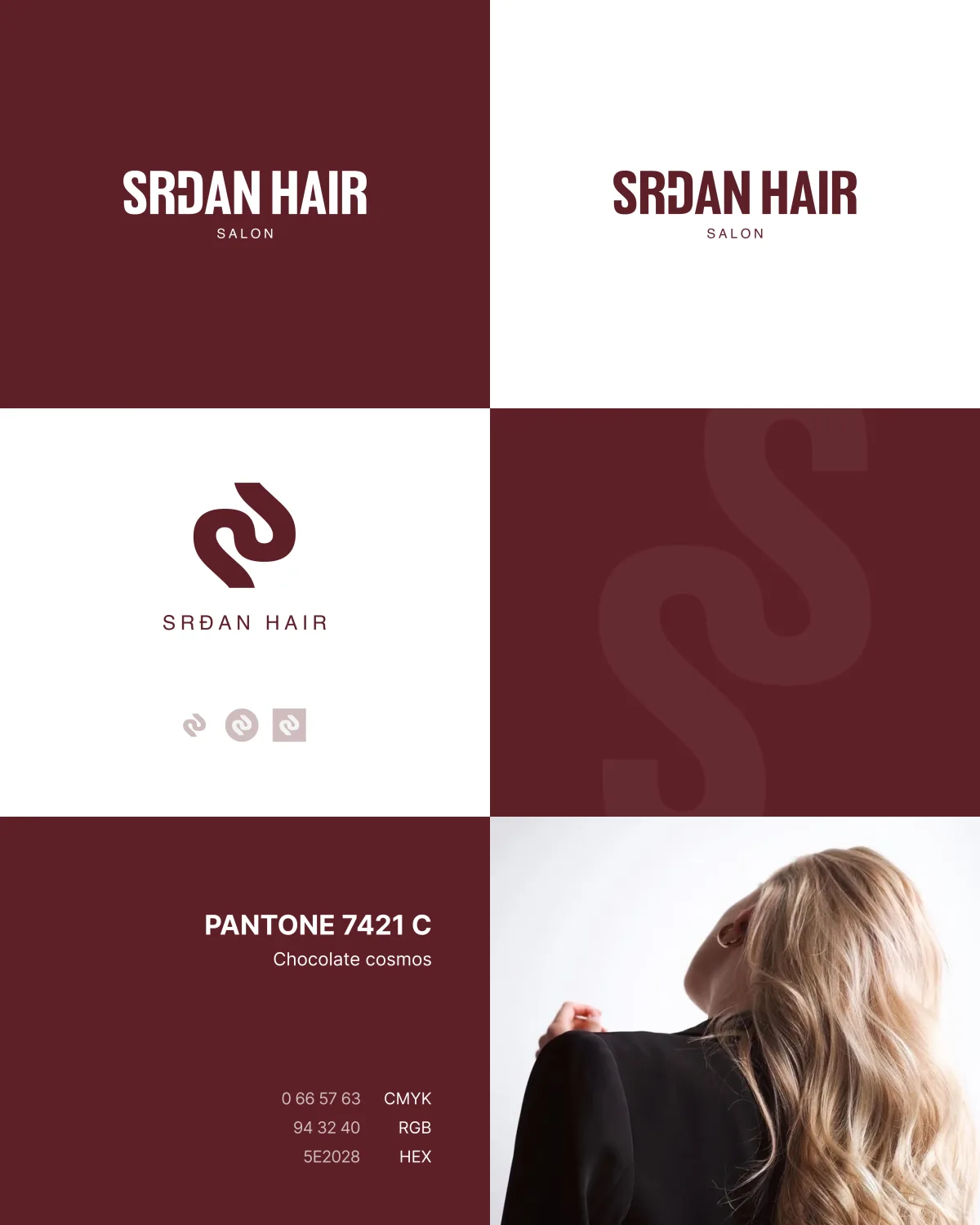 Srđan Hair brand identity board - wordmark, monogram and colour palette