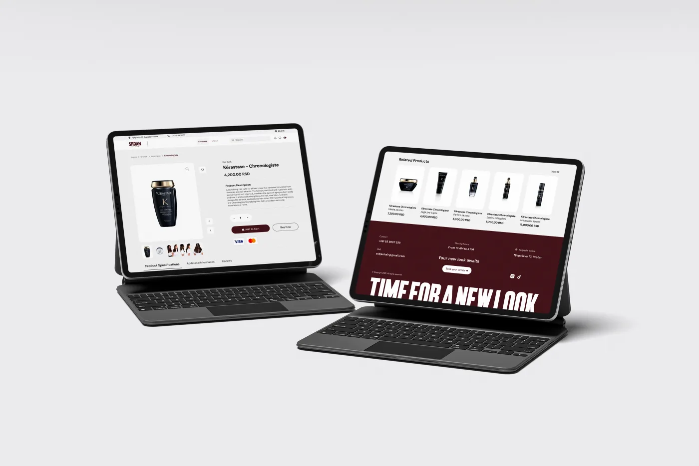 Srđan Hair e-commerce shop - product detail and related products on tablet