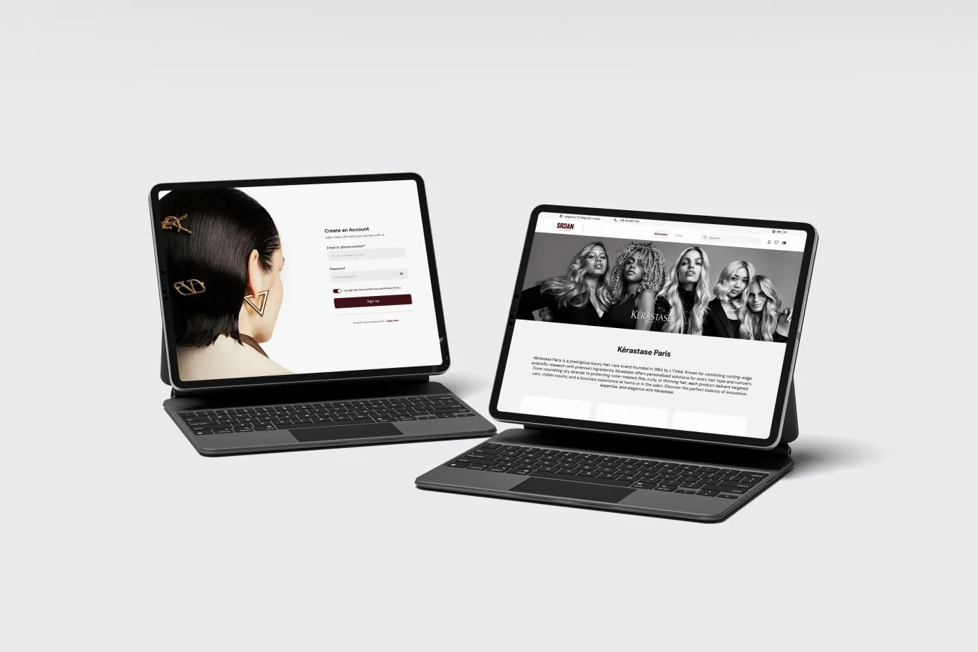 Srđan Hair e-commerce shop - account signup and Kérastase brand page on tablet