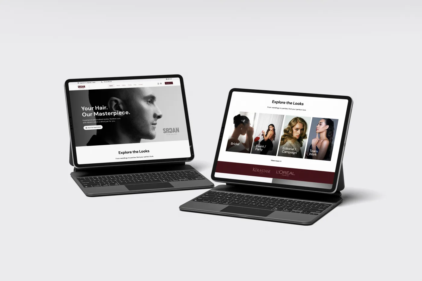 Srđan Hair e-commerce shop - homepage and look gallery on tablet