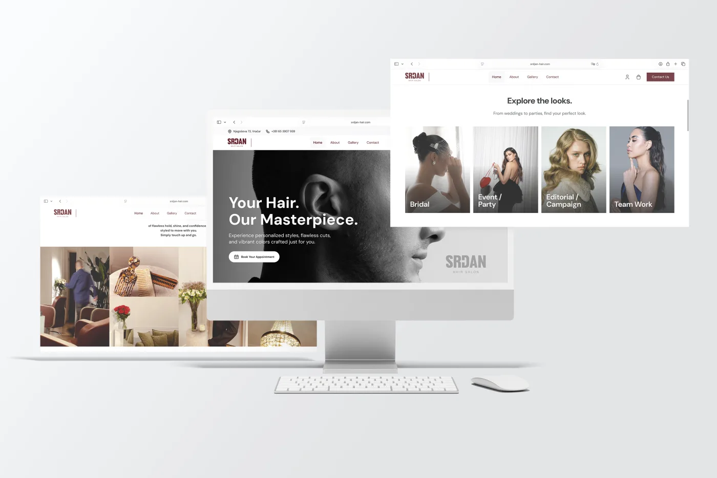 Srđan Hair website shown across desktop screens - homepage, gallery and product pages