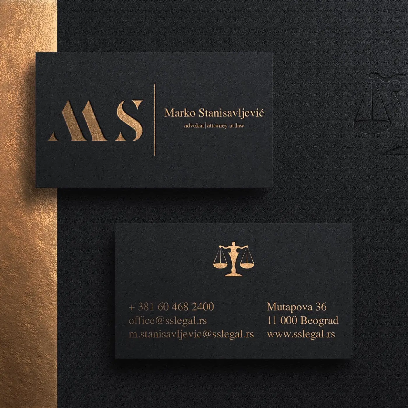 SS Legal business card design, embossed gold foil on black stock
