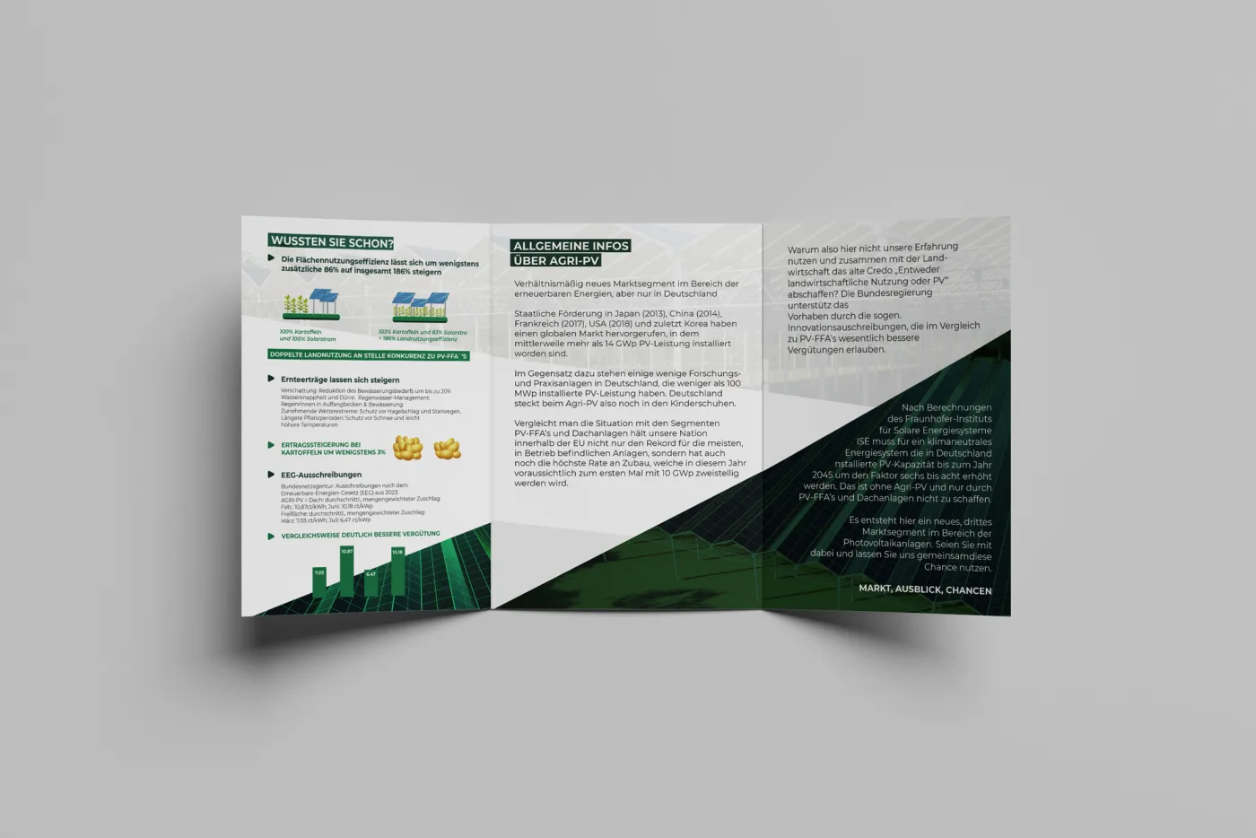 Unicorn Energy brochure interior spread, Agri-PV information design