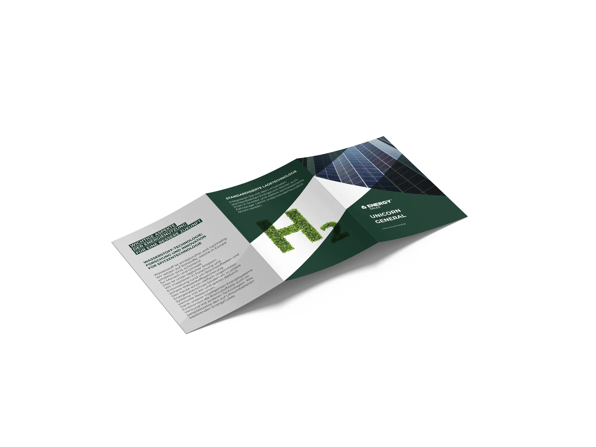 Unicorn Energy trifold brochure design, high-contrast brand graphics